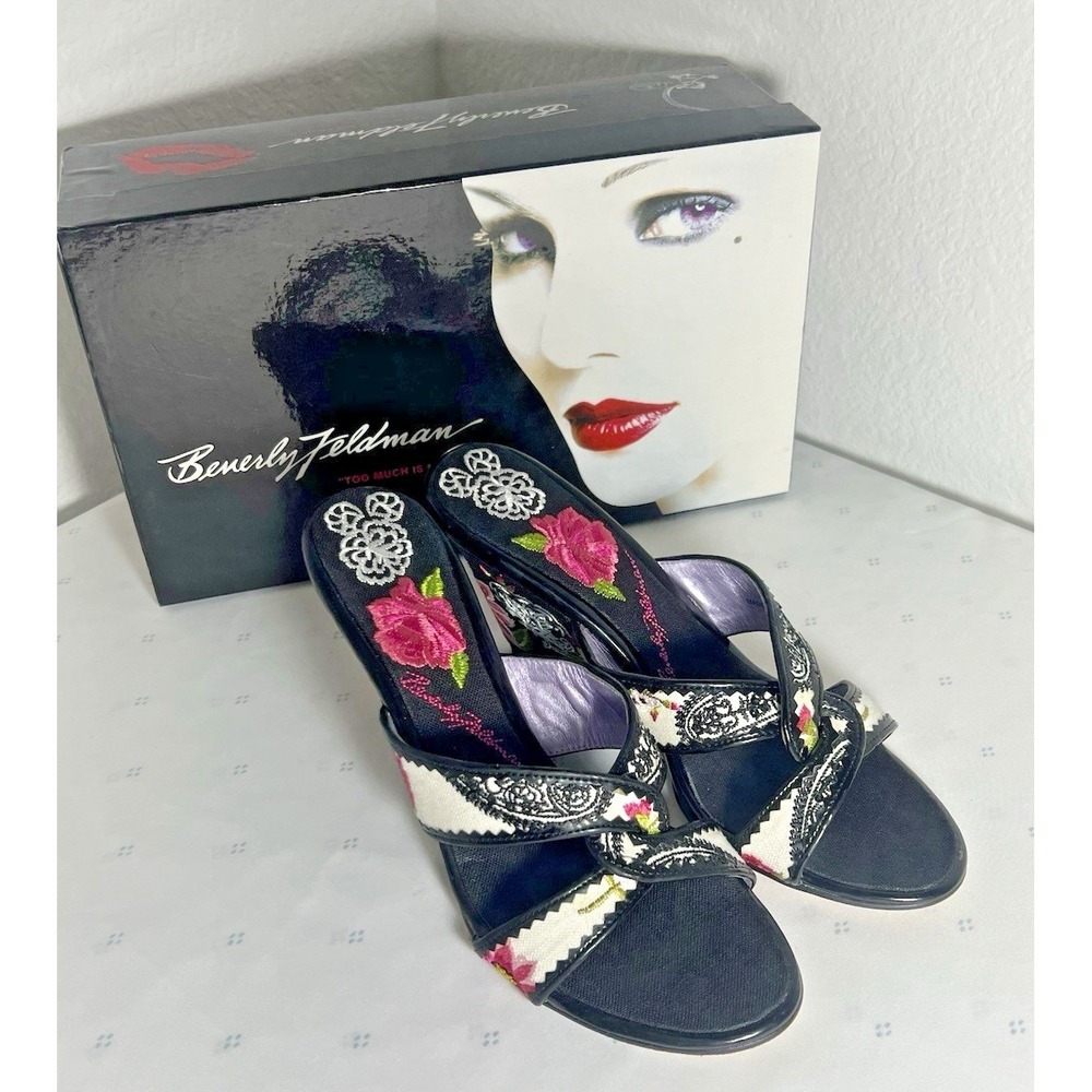Vintage BEVERLY FELDMAN Floral Wedge Sandals Embroidered High Heels‎ Slip RARE 8